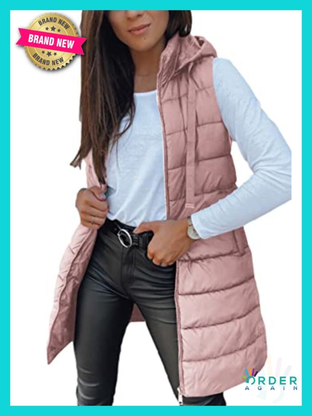 Women's Long Sleeveless Puffer Vest with Hood and Pockets